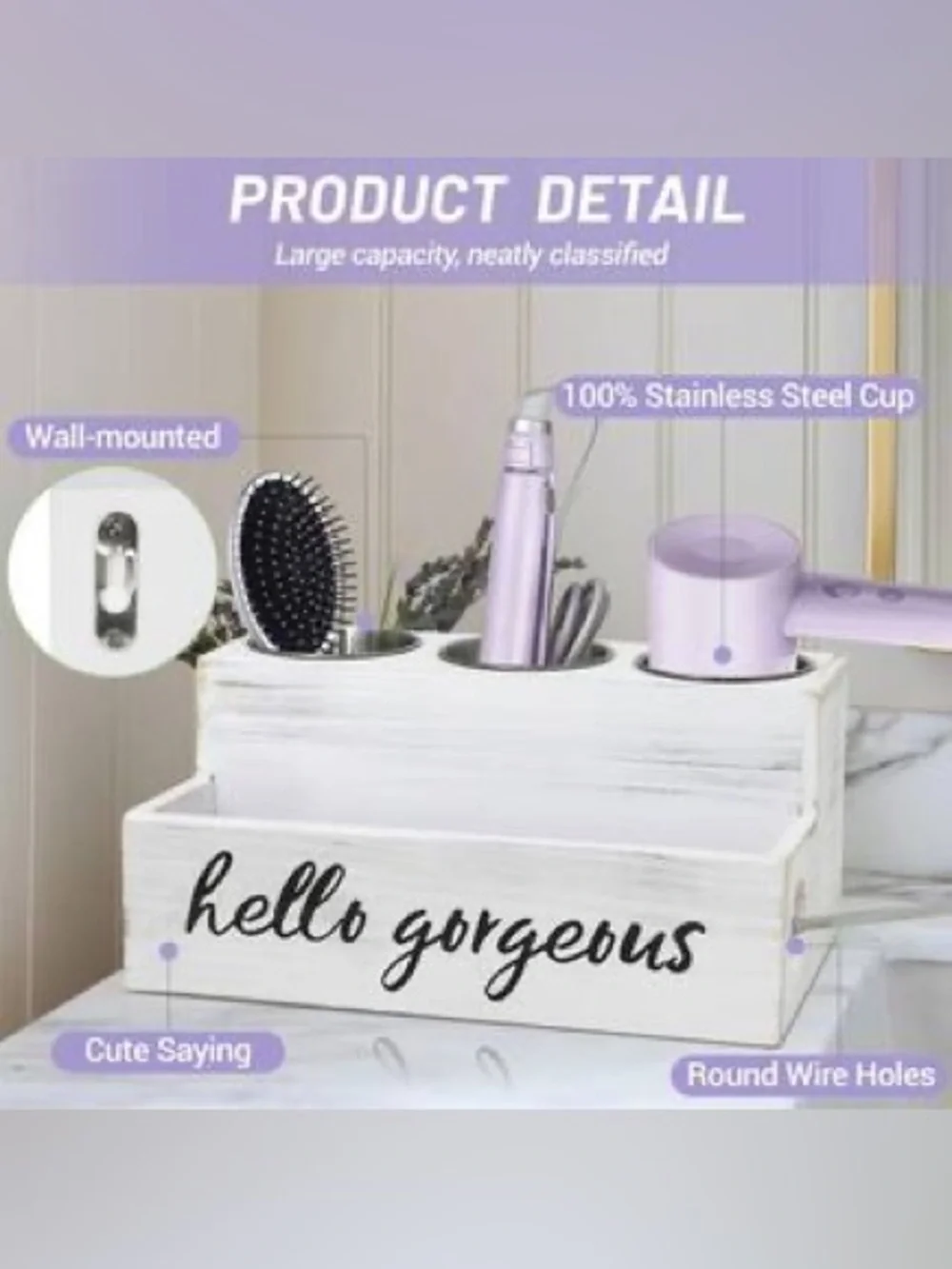 Hello Beautiful White Rustic Wood Organizer with 3 Stainless Cups